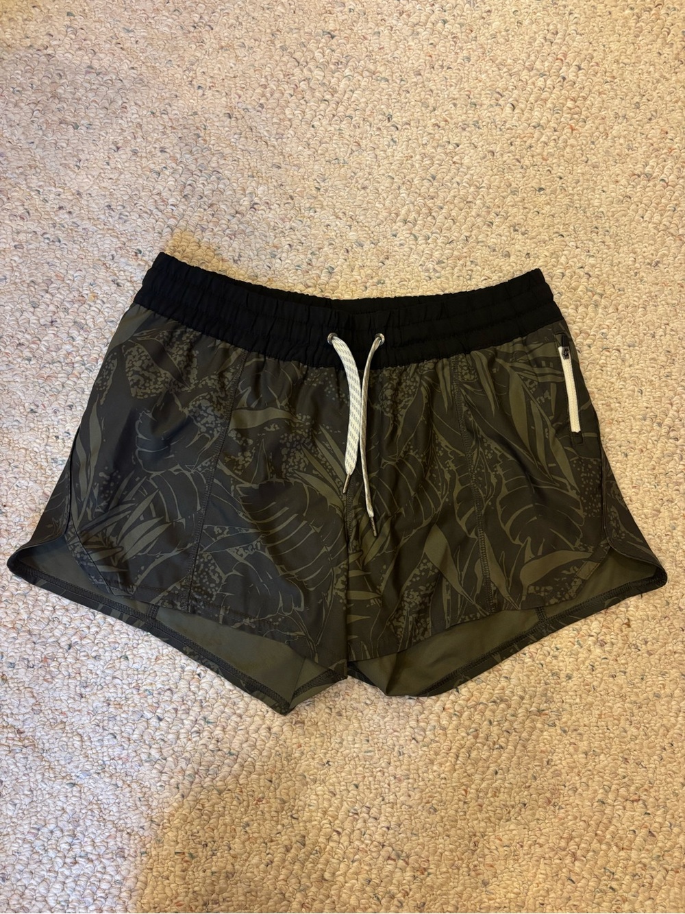 Vuori Olive Green Printed clementine Shorts with Black Waistband